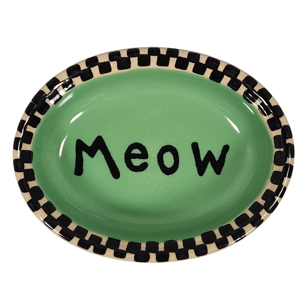Boots and Barkley Green Checkered "MEOW" 6" Cat Bowl Stoneware Fishes